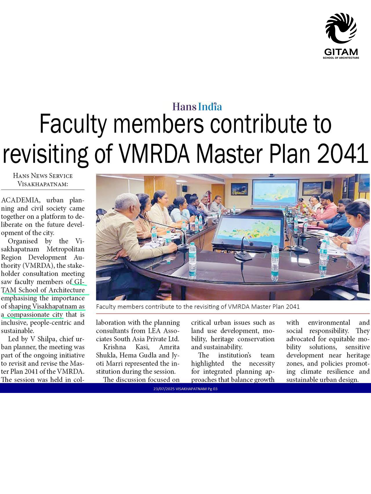GSA Faculty Contributes to VMRDA's Master Plan 2041 Consultation